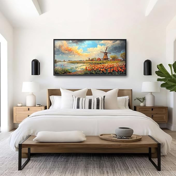 Windmill Framed Wall Art for Living Room, Large Tulips Canvas Wall Decor, Vintage Florals Pictures Painting, Farmhouse Artwork for Bathroom Bedroom 60L'' × 30W''