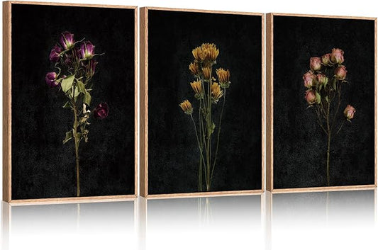 KAIRNE Dark Moody flower Framed Canvas Wall Art Set, Minimalist Black Wildflower Wall Decor, Vintage Botanical Floral Wall Painting, Nature Plant Art Prints for Living Room, Bedroom, Office 24"x36"x3