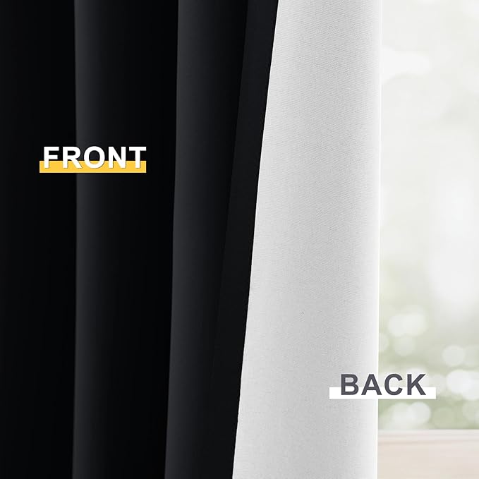 Yakamok 100% Blackout Curtain Panels 84 inches Cold and Light Blocking Drapes for Nursery, 2 Thick Layers Thermal Insulated Draperies (2 Pieces, 50 Wide Each Panel, Black Front with White Backing)