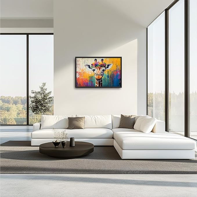 Framed Large Wall Art for Living Room, Banksy Deer Canvas Wall Decor, Large Giraffe Picture Framed Painting, Modern Artwork for Bedroom Office 36L'' × 24W''