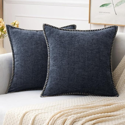 MIULEE Pack of 2 Couch Throw Pillow Covers 20x20 Inch Dark Blue Farmhouse Decorative Pillow Covers with Stitched Edge Soft Chenille Solid Dyed Spring Pillow Covers for Sofa Bed Living Room