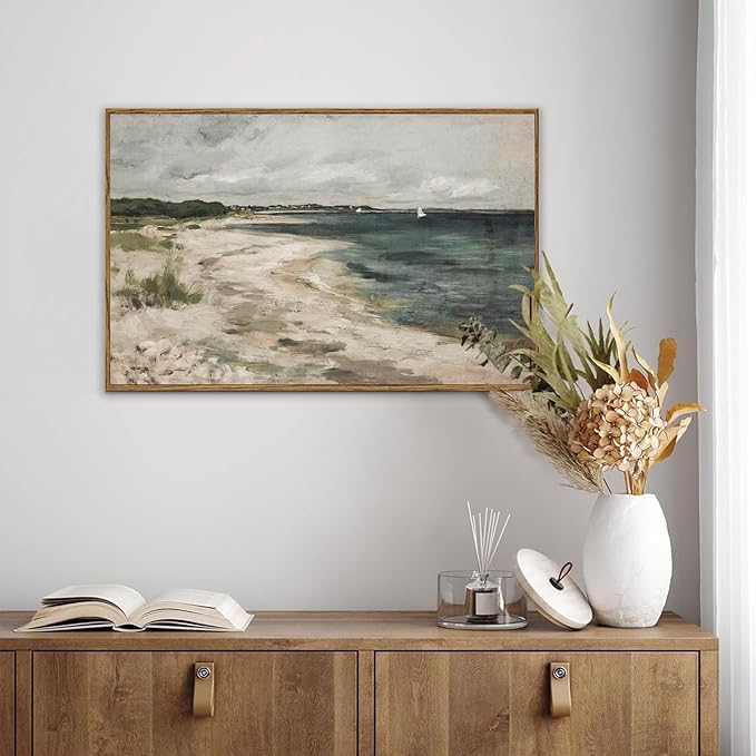KBKBART Vintage Wall Art, Retro Coastal Seaside Beach House Framed Canvas Art Prints Painting Farmhouse Decor, Rustic Impressionism Scenic Landscape Wall Decor for Bathroom, Bedroom Living Room,