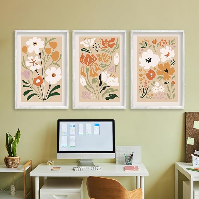 Boho Flowers Plant Wall Art Sign Set of 3 16"x24" Mid Century Modern Minimalist Wooden Framed Abstract Botanical Flower for Vintage Living Room Offic Bedroom Wall Hanging Decoration (White)