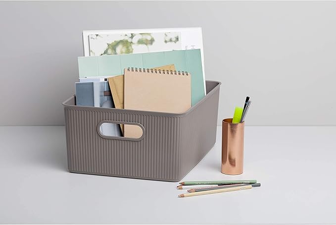 Superio Ribbed Collection - Decorative Plastic Lidded Home Storage Bins Organizer Baskets, Large Taupe (1 Pack - 15 Liter) Stackable Container Box, for Organizing Closet Shelves Drawer Shelf