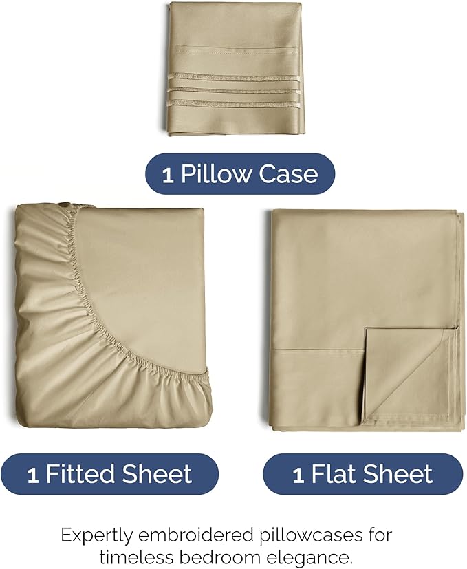 Twin XL Size 3 Piece Sheet Set - Comfy Breathable & Cooling Bed Sheets Set - Hotel Luxury Bedding for Women, Men, Kids, Teens, Boys & Girls - Deep Pockets, Ultra-Soft, Wrinkle Free - Oeko-Tex - Beige