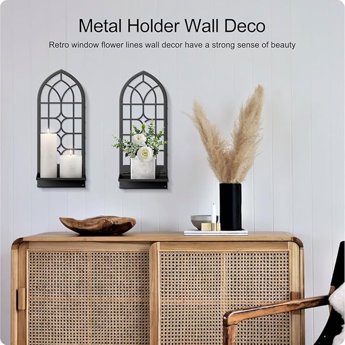 Wall Sconces Candle, Black Metal Wall Art Decor, Retro Line Wall Candle Holder for Living Room, Dining Room, Bedroom, Bathroom (16.5 x 7 in)