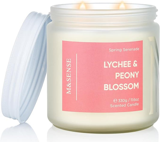 M&SENSE Lychee Peony Peach Scented Candle - 11.6oz 70 Hours Burn Non Toxic Natural Soy Wax Slow Burning Candle, 2-Wick Fruity Scent Gifts for Mom & Stress Relief Relaxing