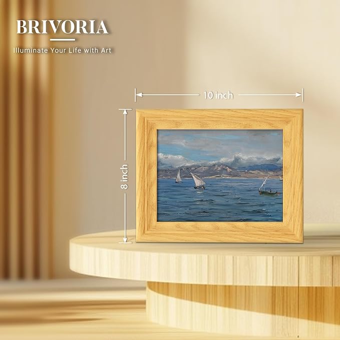 Brivoria Framed Canvas Wall Art Vintage Decor, Coastal Impressionist Seascape with Sailing Boats Ocean Reflections and Cloudy Sky for Kitchen Bathroom Shelf Display or Tabletop Decor, 8"x10"