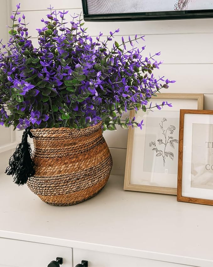 RECUTMS Artificial Fake Outdoor Plants Flowers for Spring Decoration, Faux Plastic Plants Outdoor Flower UV Resistant Realistic for Home Outside Planter Window Porch Patio Garden(Purple Eucalyptus)