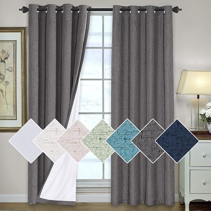 H.VERSAILTEX 100% Blackout Curtains for Bedroom 84 Inches Long Grommet Linen Face Full Light Blocking Curtain Drapes for Living Room Thermal Linen Look Curtains 2 Panels Set, 52" W x 84" L, Grey