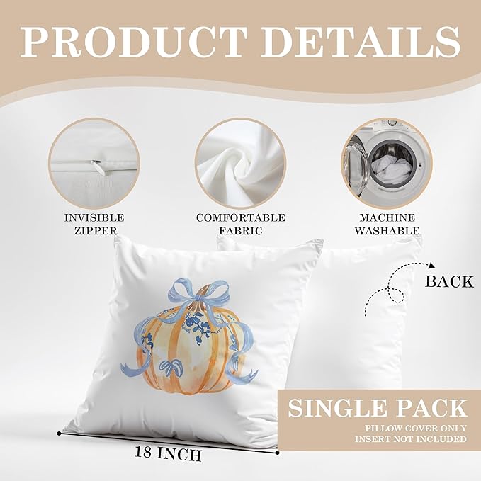 Blue Chinoiserie Pumpkin Fall Pumpkin Pillow Covers 18x18, Preppy Fall Decor, Grandmillennial Floral Pumpkin Autumn Decorative Throw Pillow Covers for Girls Room Home Bedroom Living Room