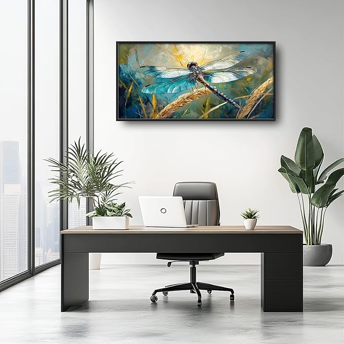 Olivine Dragonfly Wall Art, Vintage Dragonfly Pictures Wall Decor, Nature Painting, Insect Canvas Prints, Framed Artwork for Bathroom Bedroom Living Room Office Home Decoration 60"x30"