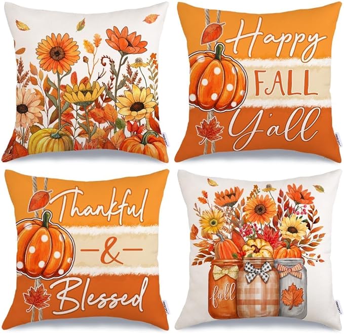 GEEORY Fall Throw Pillow Covers 18x18 Inch Set of 4, Pumpkins Floral Mason Jars Happy Fall Y'all Thankful & Blessed Orange Autumn Seasonal Decorative Farmhouse Decoration for Home G552-18