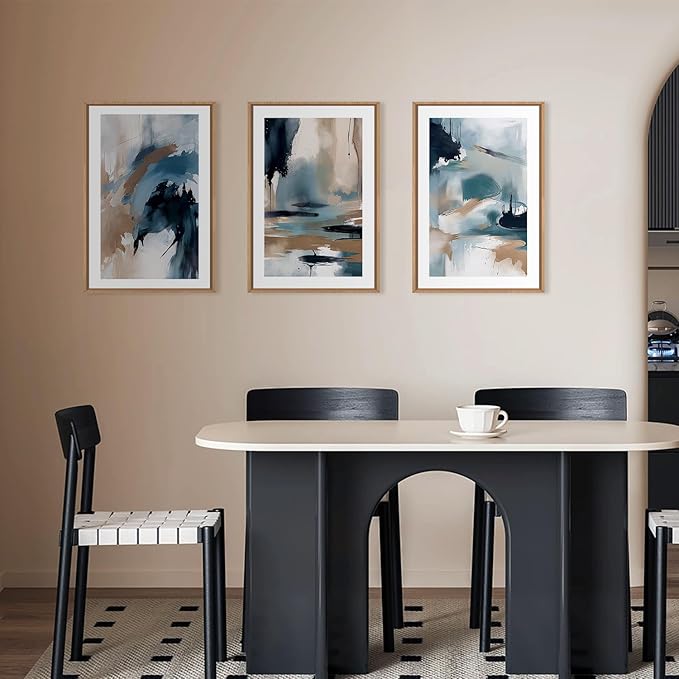 KAIRNE Blue Abstract Neutral Framed Canvas Wall Art Set, Navy Abstract Wall Decor, Watercolor Blue and Brown Wall Painting, Modern Textured Art Prints for Living Room, Bedroom, Office - 24"x36"x3