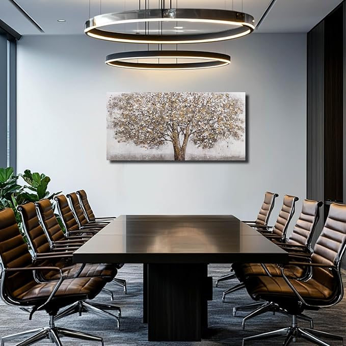 CHUDANHAO Grey Art Posters Big Tree Wall Decor Pictures for Office Gold and White Wall Art Botanical Painting for Living Room Kitchen 24x48 Inch