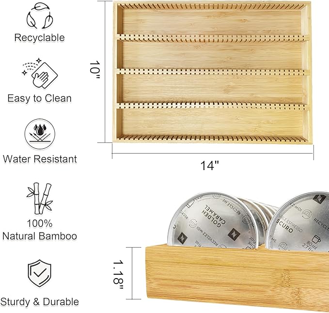 Bamboo Coffee Pod Storage Holder for Drawer Coffee Pods Organizer for Counter, Compatible with Capsules for Kitchen Coffee Station (Bamboo)