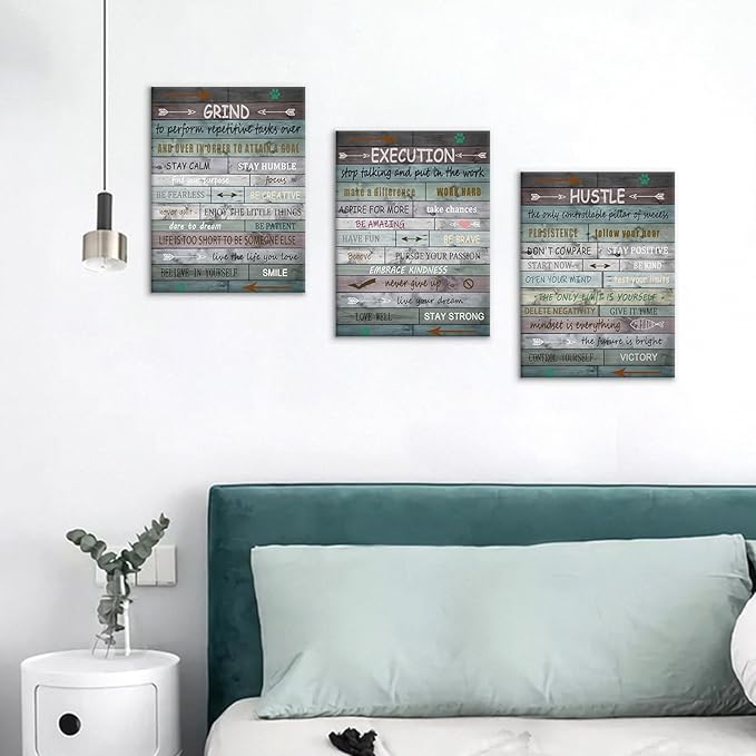 Inspirational Canvas Wall Art Poster Print Grind Execution Hustle Motivational Entrepreneur Quotes Picture Painting Artwork for Modern Home Bathroom Wall Decor Stretched and Framed [36''W x 16''H]