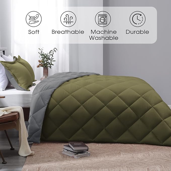 Basic Beyond Queen Comforter Set - Olive Green Comforter Set Queen, Reversible Bed Comforter Queen Set for All Seasons, Olive Green/Charcoal Gray, 1 Comforter (88"x92") and 2 Pillow Shams (20"x26"+2")
