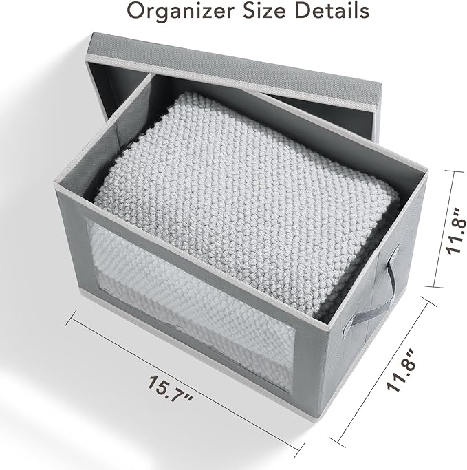 Large Storage Baskets Bins with Lids - Stackable Cube Bins for Closet, 3 Pack Grey Windows Organizer Bins, Home Organizers and Storage for Clothes, CD, Towels