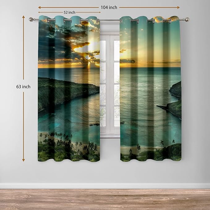 Jekeno Ocean Beach Blackout Curtains Ocean Morning Sunrise Decor for Home Bedroom Living Room with Hawaiian Seaside Scene Island Green Print Grommet Window Drapes 2 Panel Set, 52"x63"
