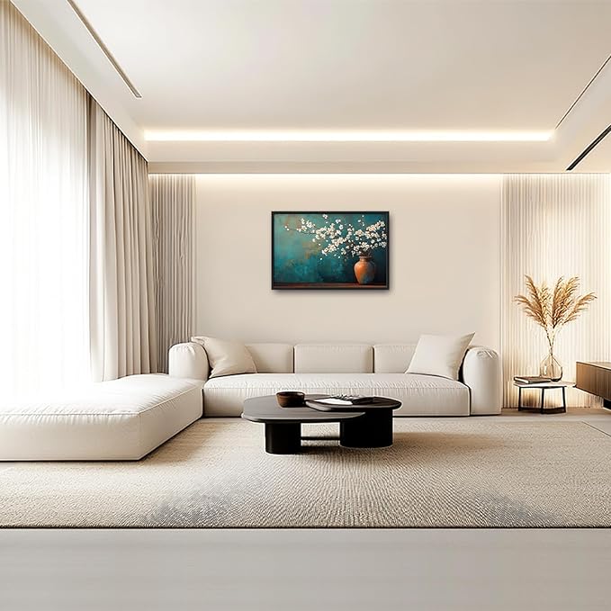 Teal Flowers Framed Wall Art for Living Room, Large Florals in Vase Canvas Wall Decor, Vintage Canvas Pictures Painting, Modern Artwork for Bathroom Bedroom 36L'' × 24W''