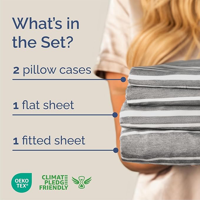 Queen Size 4 Piece Sheet Set - Comfy Breathable & Cooling Bed Sheets Set - Hotel Luxury Bedding for Women, Men, Kids, Teens, Boys & Girls - Deep Pockets, Soft, Wrinkle Free - Oeko-Tex - Grey Stripes 3