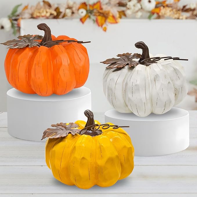 Fall Pumpkin Decor, 6 Inch Resin Pumpkins Set of 3 with Metal Maple Leaf, Artificial Pumpkins for Fall Decor,Thanksgiving Table Decorations, Farmhouse, Mantel,Centerpiece Table Decorations