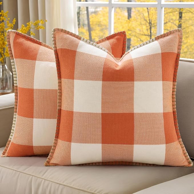 decorUhome Farmhouse Gingham Buffalo Plaid Check Throw Pillow Covers 18x18 Set of 2, Outdoor Fall Linen Decorative Pillow Covers with Stitched Edge for Bed Couch Sofa, Orange and White