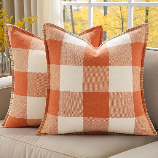 decorUhome Farmhouse Gingham Buffalo Plaid Check Throw Pillow Covers 22x22 Set of 2, Outdoor Fall Linen Decorative Pillow Covers with Stitched Edge for Bed Couch Sofa, Orange and White