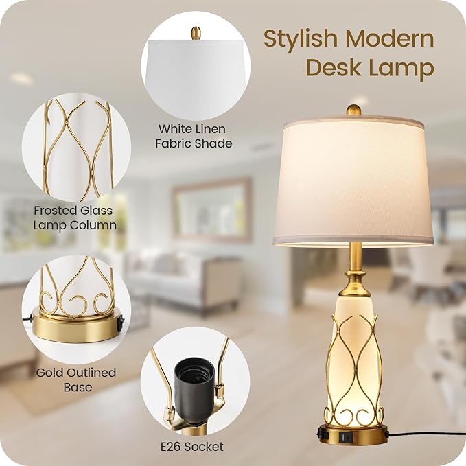 25.6" Glass Gold Table Lamps Set of 2, Tall Bedside Lamps with Nightlight, Modern Nightstand Lamp with USB Ports, Desk Lamp for Bedroom, Living Room, Office, LED Bulbs Included W02TL05