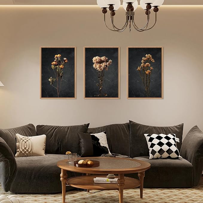 HOURIA Moody Boho Floral Framed Canvas Wall Art Set,Vintage Black Flower Wall Decor,Mid Century Minimalist Wildflower Artwork,Nature Retro Botanical Art Print for Living Room,Bedroom,Office- 16"x24"x3