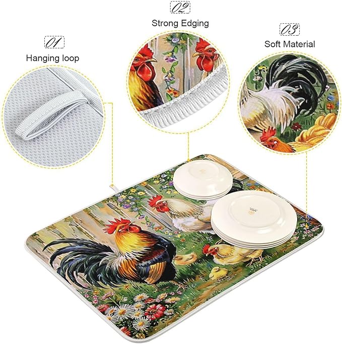 Rooster Flowers Dish Drying Mat 18 X 24 Inch Farm Cock Chick Floral Kitchen Rack Mats Dry Dishes Pads Tableware Mat Absorbent Microfiber Protector for Kitchen Countertops Counter Home Decor