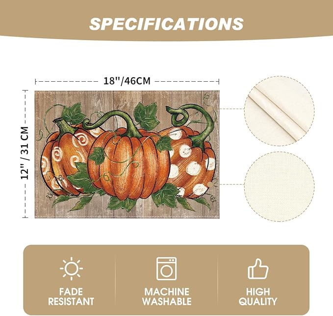 Artoid Mode Polka Dot Pumpkins Vine Thanksgiving Placemats Set of 4, 12x18 Inch Seasonal Fall Table Mats for Party Kitchen Dining Decoration