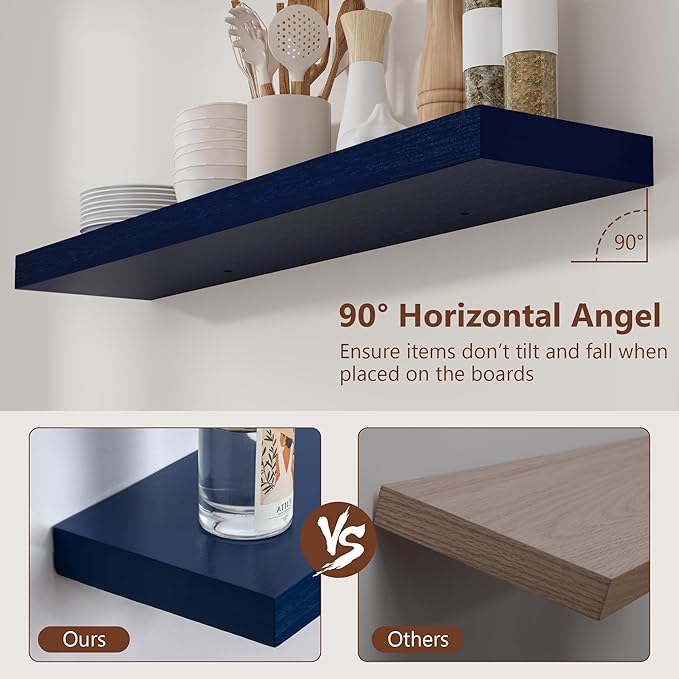 Dark Blue Floating Shelves 36 Inch, Solid Wooden Wall Shelves Set of 2, Rustic Floating Wall Shelves for Decor & Storage for Living Room Bedroom Bathroom