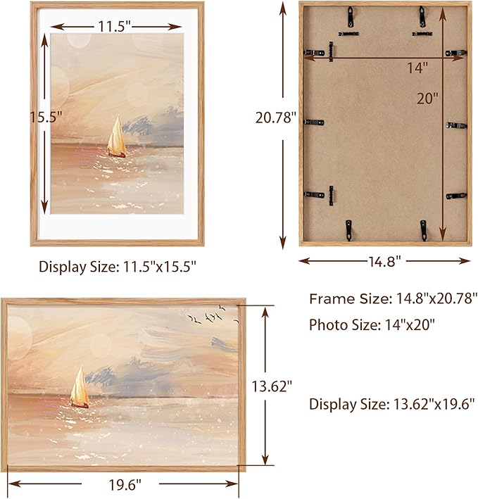 14x20 Picture Frame, Solid Oak Wooden 14"x20" Photo Frame for Wall, 14 x 20 Frame Matted to 12 x 16, Tempered Real Glass, 14 x 20 Collage Gallery Frames (Natural Oak Color, 1 Pack)
