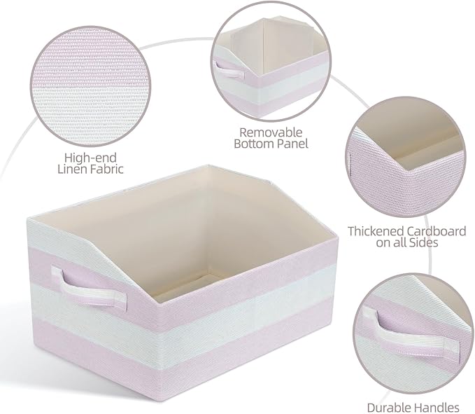 Linen Closet Organizers and Storage, Trapezoid Fabric Bins, Home Office Organization Baskets Striped Collapsible Box with Handles for Clothes, Blanket, Books, DVD, 4 Pack, Light Pink/White