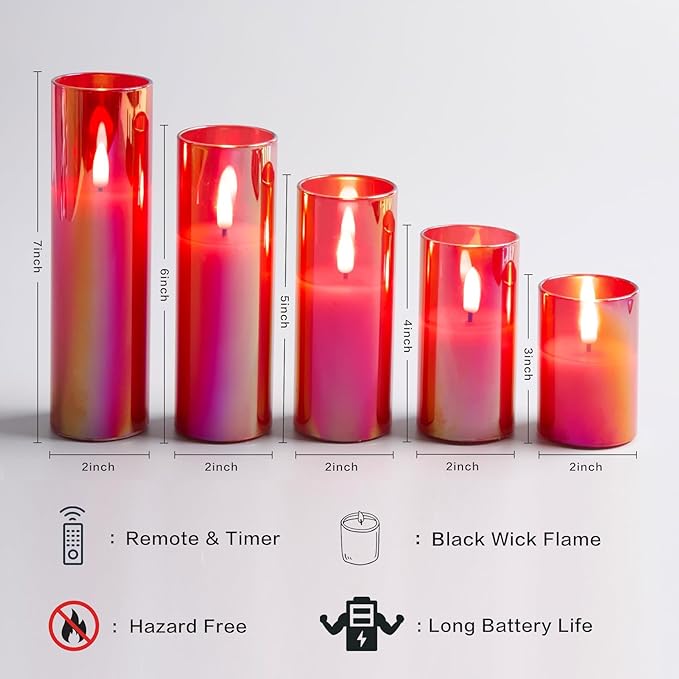 Eywamage Red Glass Flameless Candles with Remote Batteries, Flickering Slim Tall LED Candles Christmas Decor Set of 5