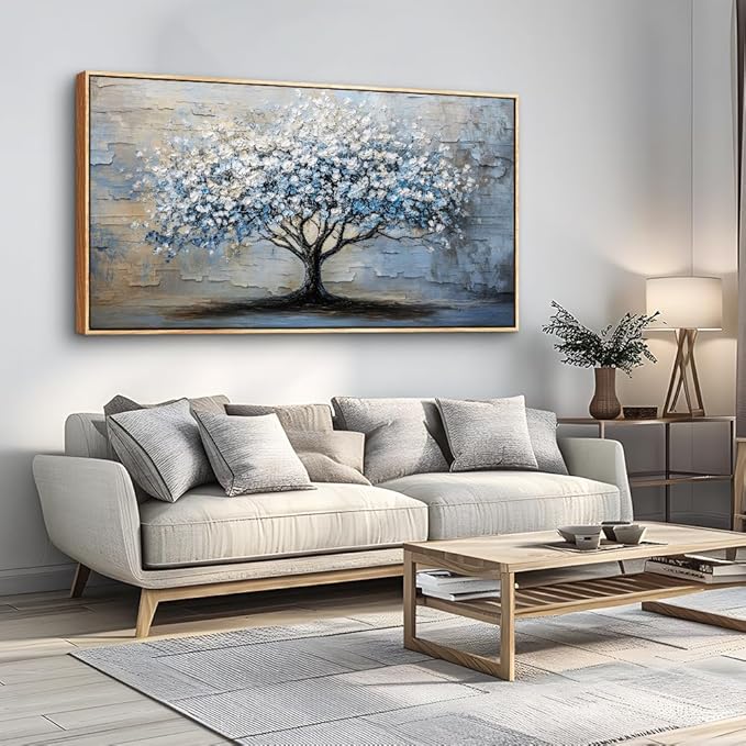 ERQINHUA Abstract Wall Art Living Room Large Wall Decor Wood Framed Art For Office Wall Pictures Blue Grey Tree Painting Canvas Printing Artwork Bedroom Restaurant Home Decoration Aesthetic 30"X60"