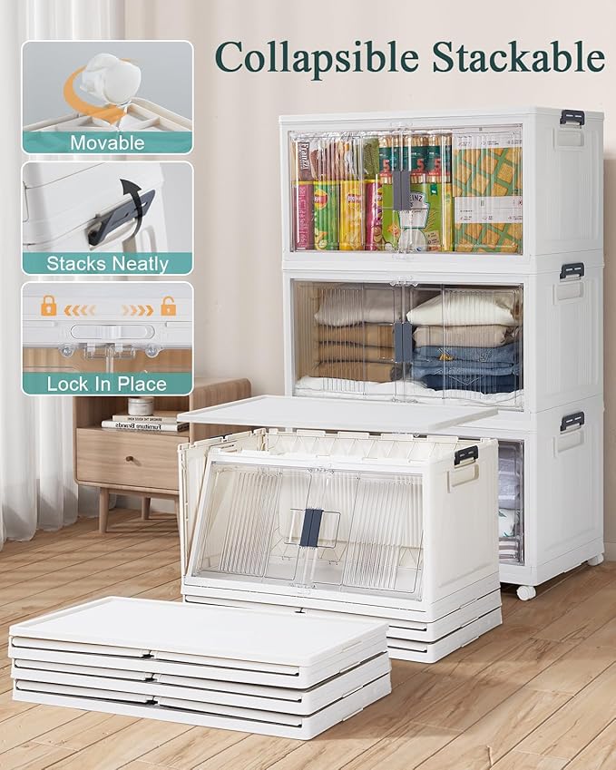 OlarHike 97QT Stackable Storage Bins with Lids - Folding Storage Box with Doors and Wheels, Collapsible Plastic Storage Drawers for Closets, 3 Pack Cubes