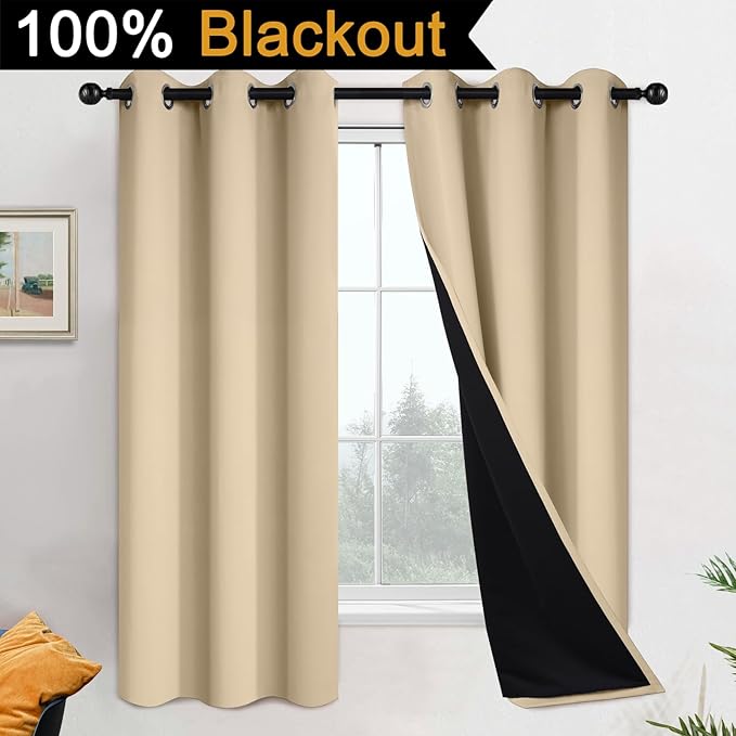 Yakamok Beige 100% Blackout Curtains, Thermal Insulated Total Blackout Drapes for Bedroom, Heat Blocking Window Curtains for Living Room(42Wx63L, 2 Panels)