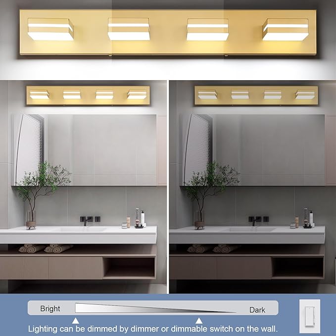 SineRise LED Modern Bathroom Vanity Light Fixtures (4-Light, 30-Inch, Dimmable), Matte Gold Modern Acrylic Bathroom Wall Lighting Fixtures Over Mirror (Cool White 6000K)