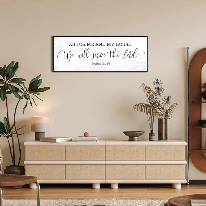 As for Me and My House We Will Serve the Lord Wall Decor: 32x12 Inch Framed Christian Bible Verse Sign Canvas Print Joshua 24:15 Scripture Art for Family Living Room Dining Room
