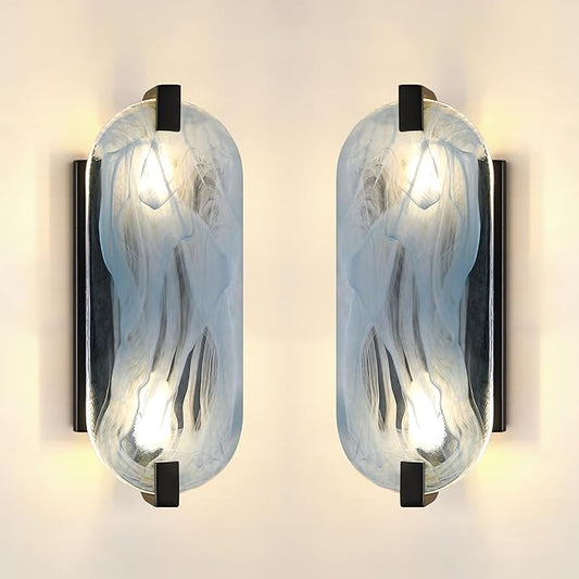 2 Pack 2 Light Oval Frosted Blue Glass Bathroom Wall Sconce Modern Concise Style Wall Light Fixture,Black Finish for Bedroom Hallway Bedside