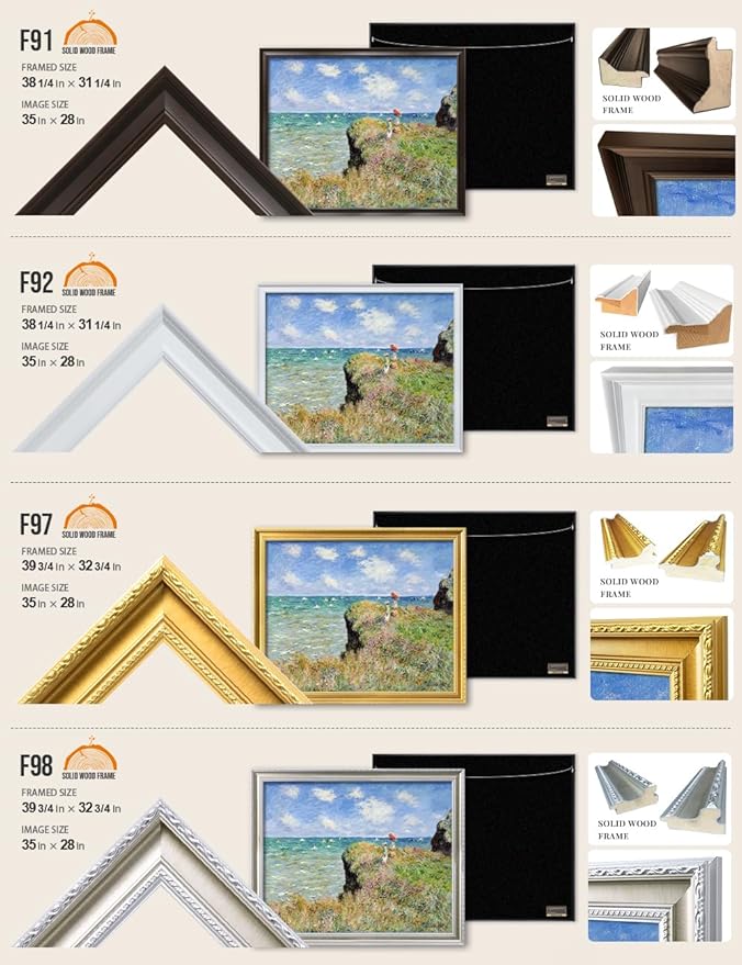 DECORARTS - Claude Monet The Cliff Walk at Pourville, Large Framed Wall Art, Canvas Size 35x28, Outer Dimensions Larger With Customizable Solid Wood Frames, Giclee Canvas Print, Made in USA