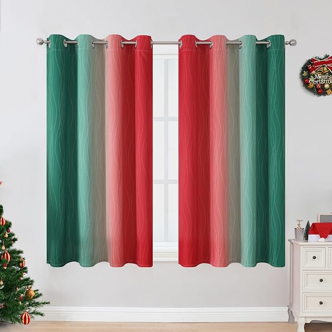 Estelar Textiler Red and Green Blackout Curtains 45 Inch Length, Full Room Darkening Ombre Drapes for Kitchen, Thermal Insulated Grommet Christmas Curtains for Basement, 52Wx45L, 2 Panels