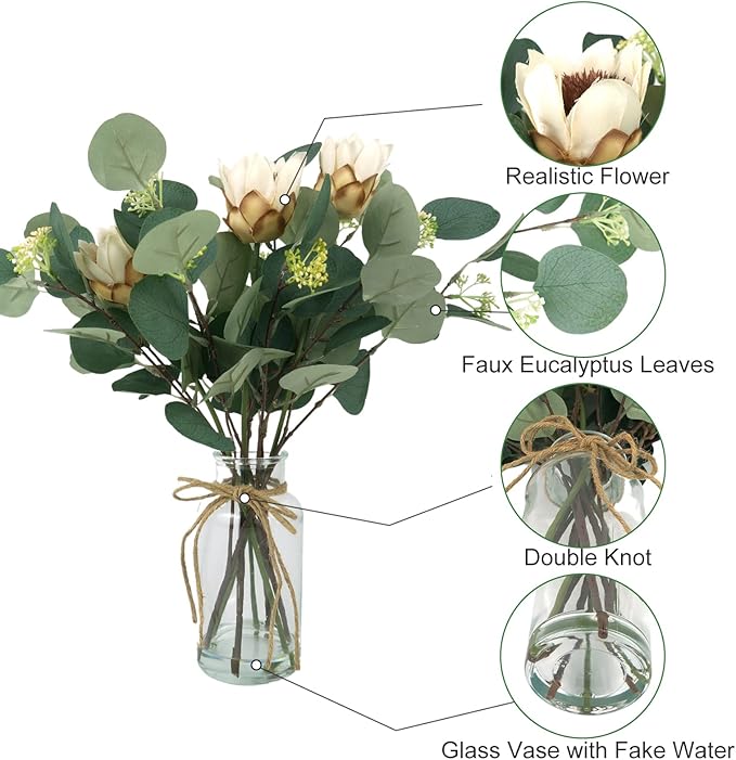 Artificial Eucalyptus Leaves in Glass Vase, 16.1" Eucalyptus Leaves Green Branches 7 Branches Faux Greenery Stems for Home Office Farmhouse Wedding Centerpiece Décor (White)