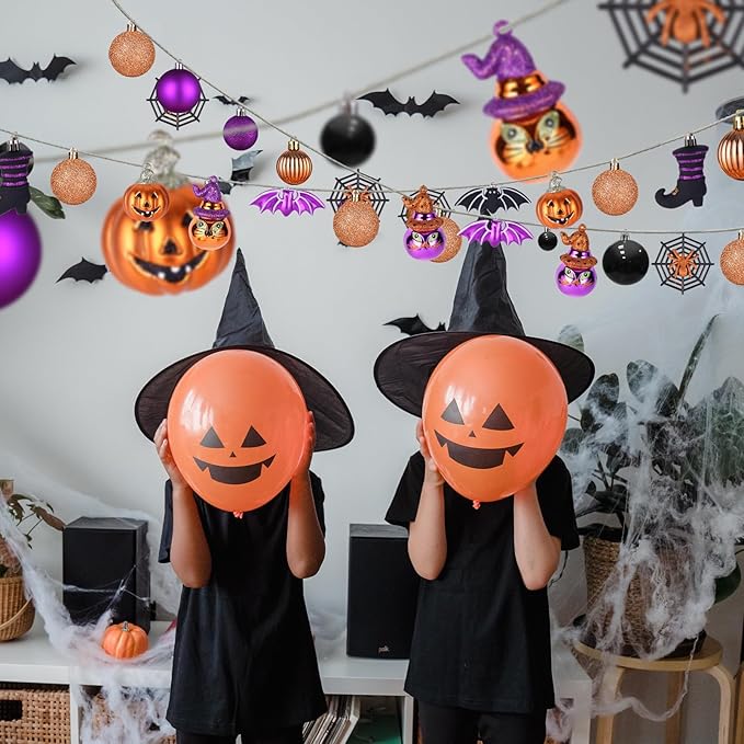 56pcs Halloween Hanging Ornaments for Tree Decorations, Shatterproof Plastic Hanging Halloween Ball Pendants with Pumpkin, Witches Hat Signs, Halloween Tree Decor Party, Holiday, Home (Multi New)