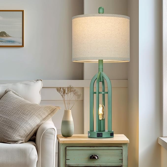 27" Tall Coastal Lamp,Retro-Green Vintage Bedside Nightstand Lamps with USB C+A & AC Outlet,3-Way Dimmable Touch Control Table Lamps for Bedroom Living Room with Night Light,Single Green