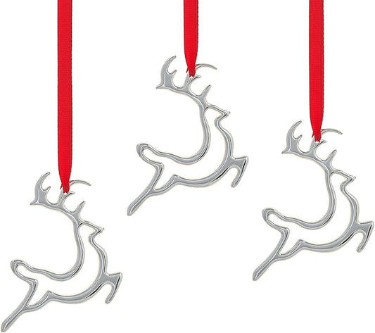 Nambe Mini Reindeer Christmas Ornaments (Set of 3), Silver-Plated Deer in Mid-Leap with Red Hanging Ribbons, Elegant Holiday Decorations for Christmas Trees, and Keepsakes