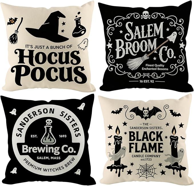 Halloween Pillow Covers 18x18 inch Set of 4, Linen Outdoor Cute Ghost Vintage Hocus Pocus Saying Farmhouse Party Supplies Black and White Decorations for Sofa Couch